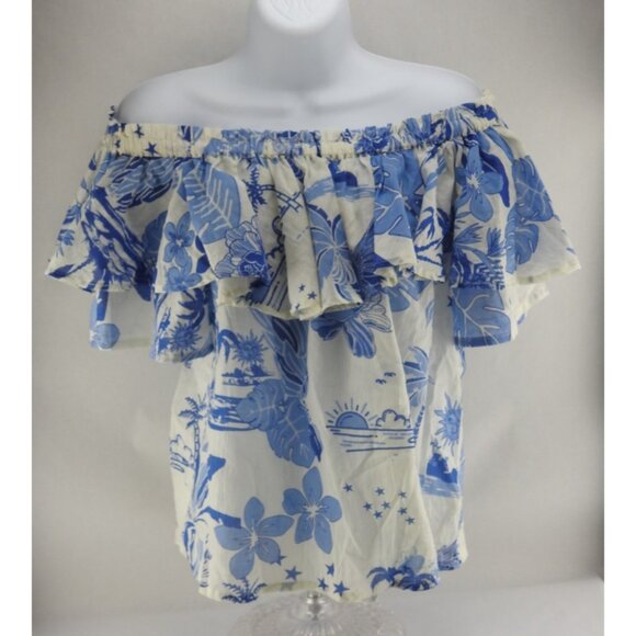 Artelier Nicole Miller Blue White Tropical Off Shoulder Ruffle Top Sz S Boho - Picture 2 of 9